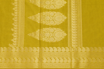 Gold Zari Floral Creeper Motifs with Small Mango Border - Parrot Green
