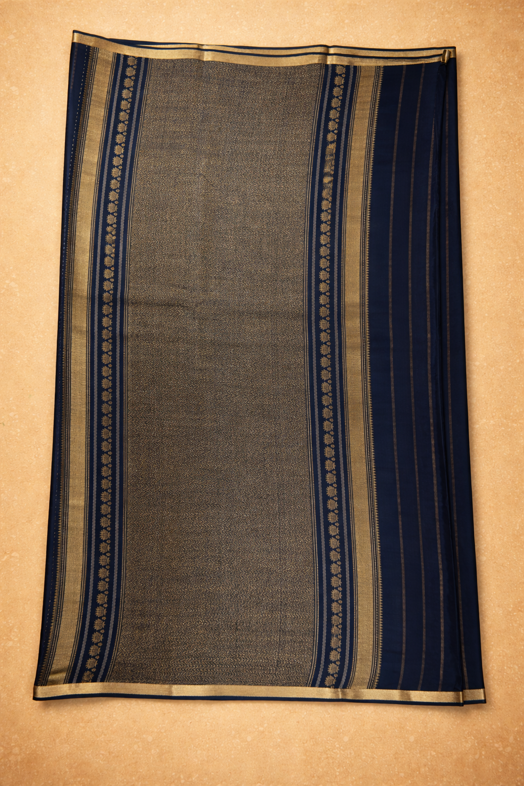 Pure Crepe - Alternate Vertical Patterns - Thicker and Thinner Vertical Zari Strips of tiny, pinpoint Gold and Silver dots - Royal blue