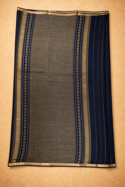 Pure Crepe - Alternate Vertical Patterns - Thicker and Thinner Vertical Zari Strips of tiny, pinpoint Gold and Silver dots - Royal blue