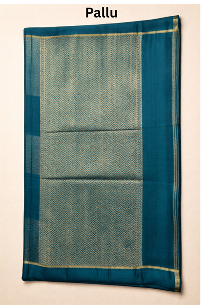 Pure Crepe - Gold Zari Blocks of Fine Floral Zari - Teal Blue