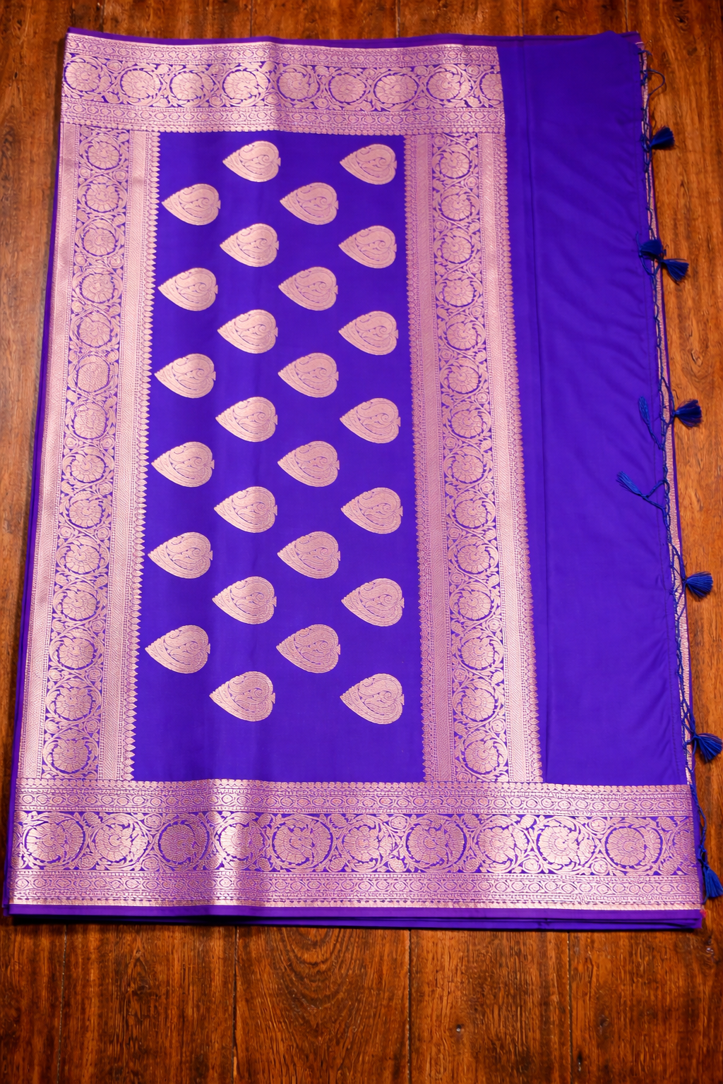 Golden Peacock like Butta and Floral Border  - Electric Blue