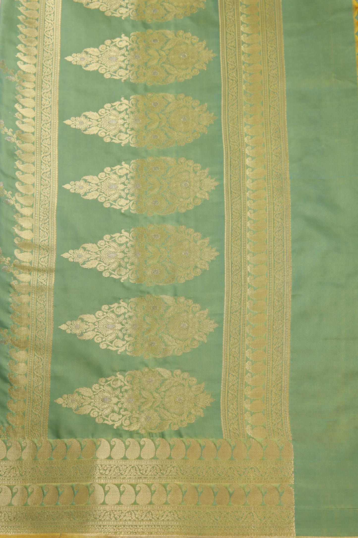 Gold Zari Floral Creeper Motifs with Small Mango Border - Mint Green with Gold tone