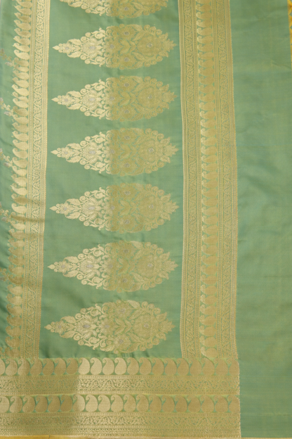 Gold Zari Floral Creeper Motifs with Small Mango Border - Mint Green with Gold tone