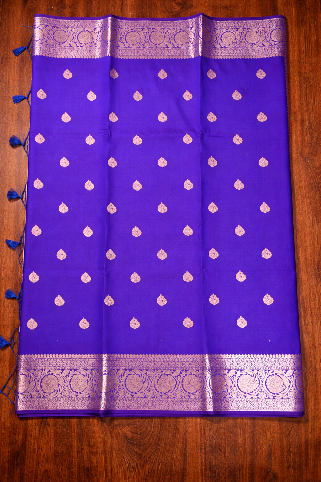 Golden Peacock like Butta and Floral Border  - Electric Blue