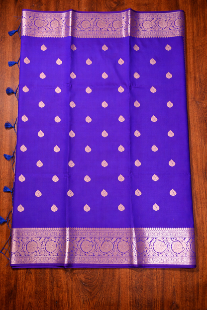 Golden Peacock like Butta and Floral Border  - Electric Blue