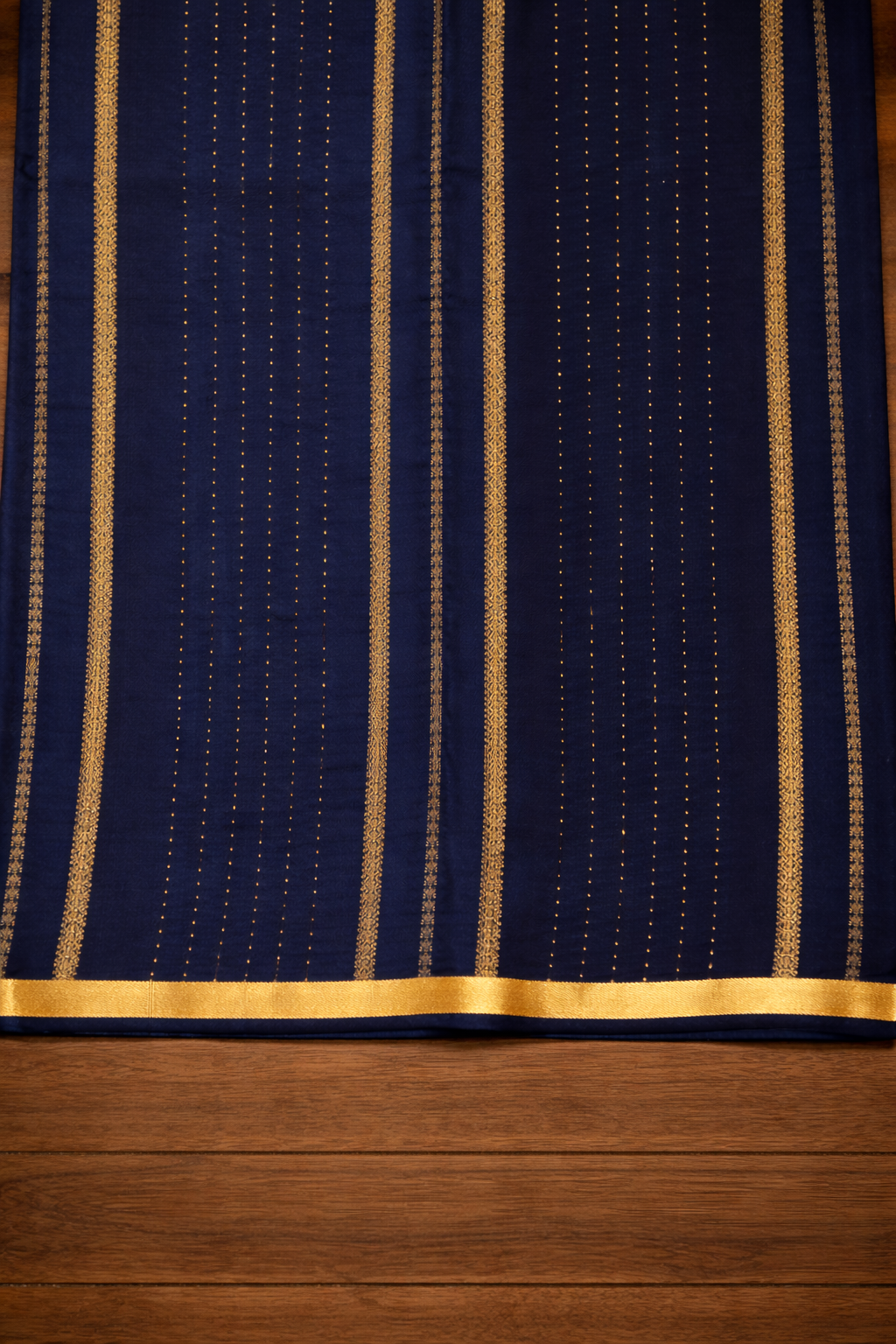 Pure Crepe - Alternate Vertical Patterns - Thicker and Thinner Vertical Zari Strips of tiny, pinpoint Gold and Silver dots - Royal blue