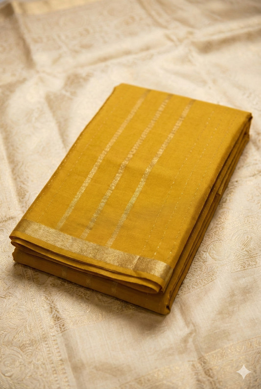 Pure Crepe - Alternate Vertical Patterns - Thicker and Thinner Vertical Zari Strips of tiny, pinpoint Gold and Silver dots