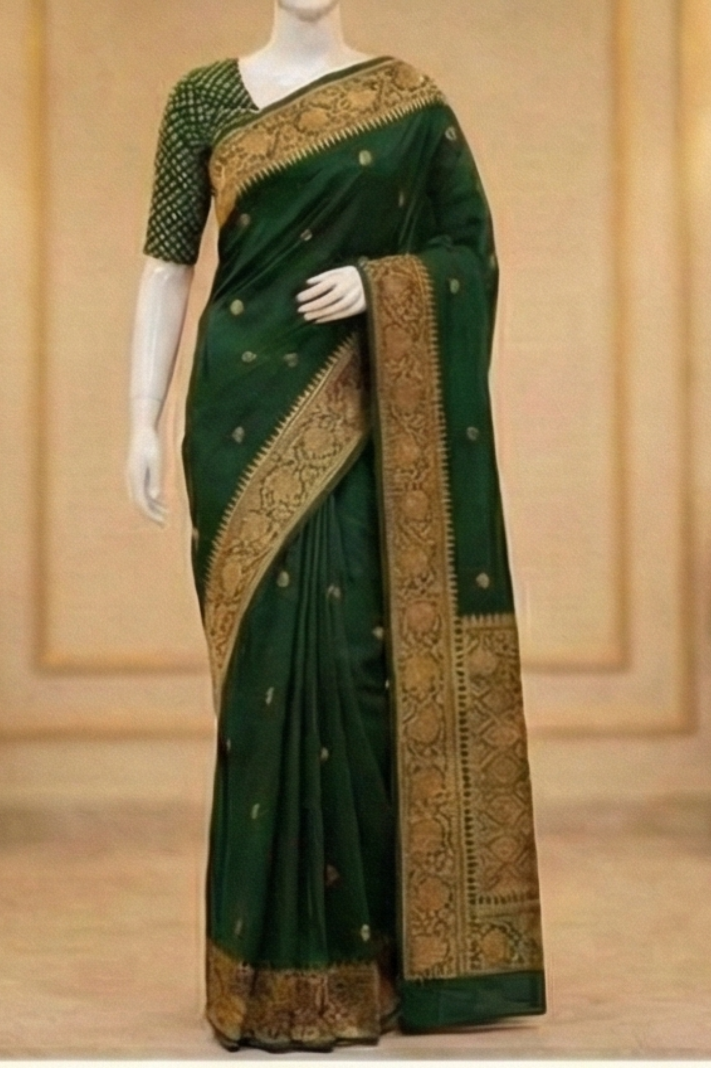 Small Golden Flower Butta with Floral Border - Bottle Green