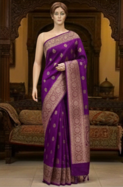 Golden Peacock like Butta and Floral Border - Purple