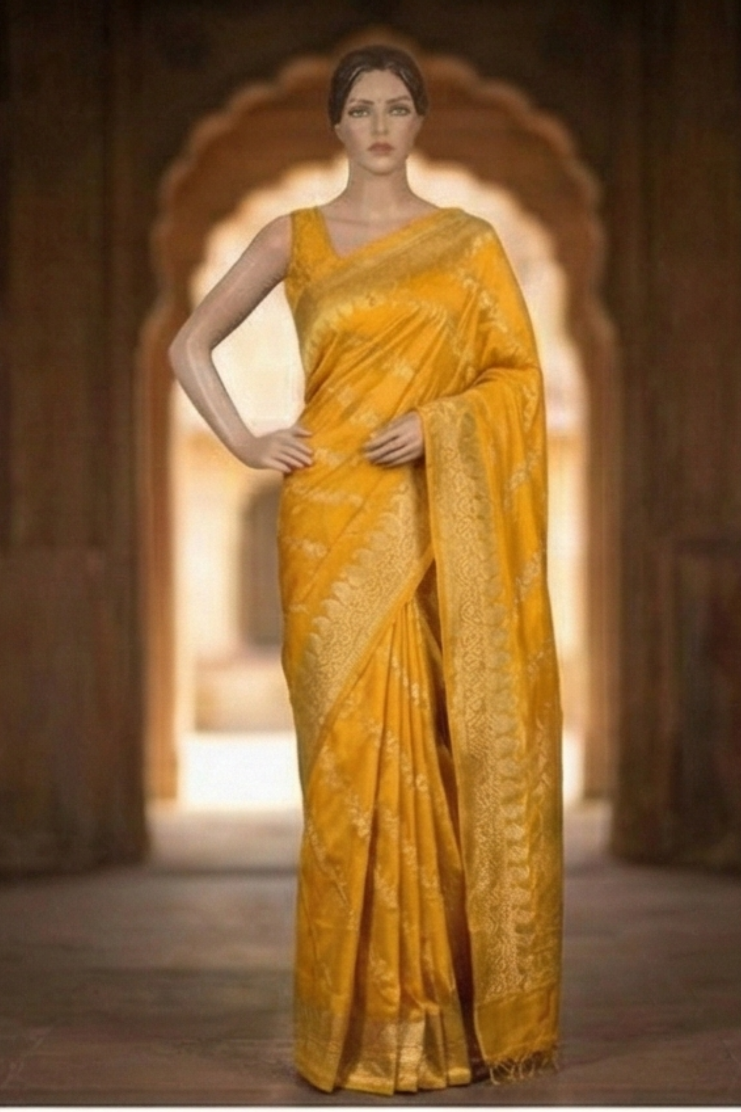 Gold Zari Floral Creeper Motifs with Small Mango Border - Yellow