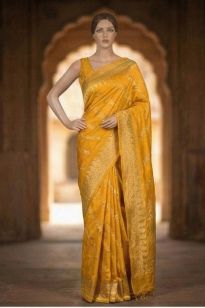 Gold Zari Floral Creeper Motifs with Small Mango Border - Yellow