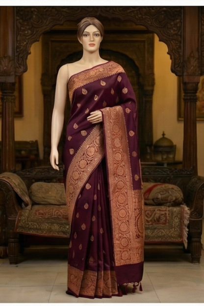 Golden Peacock like Butta and Floral Border  - Maroon Brown