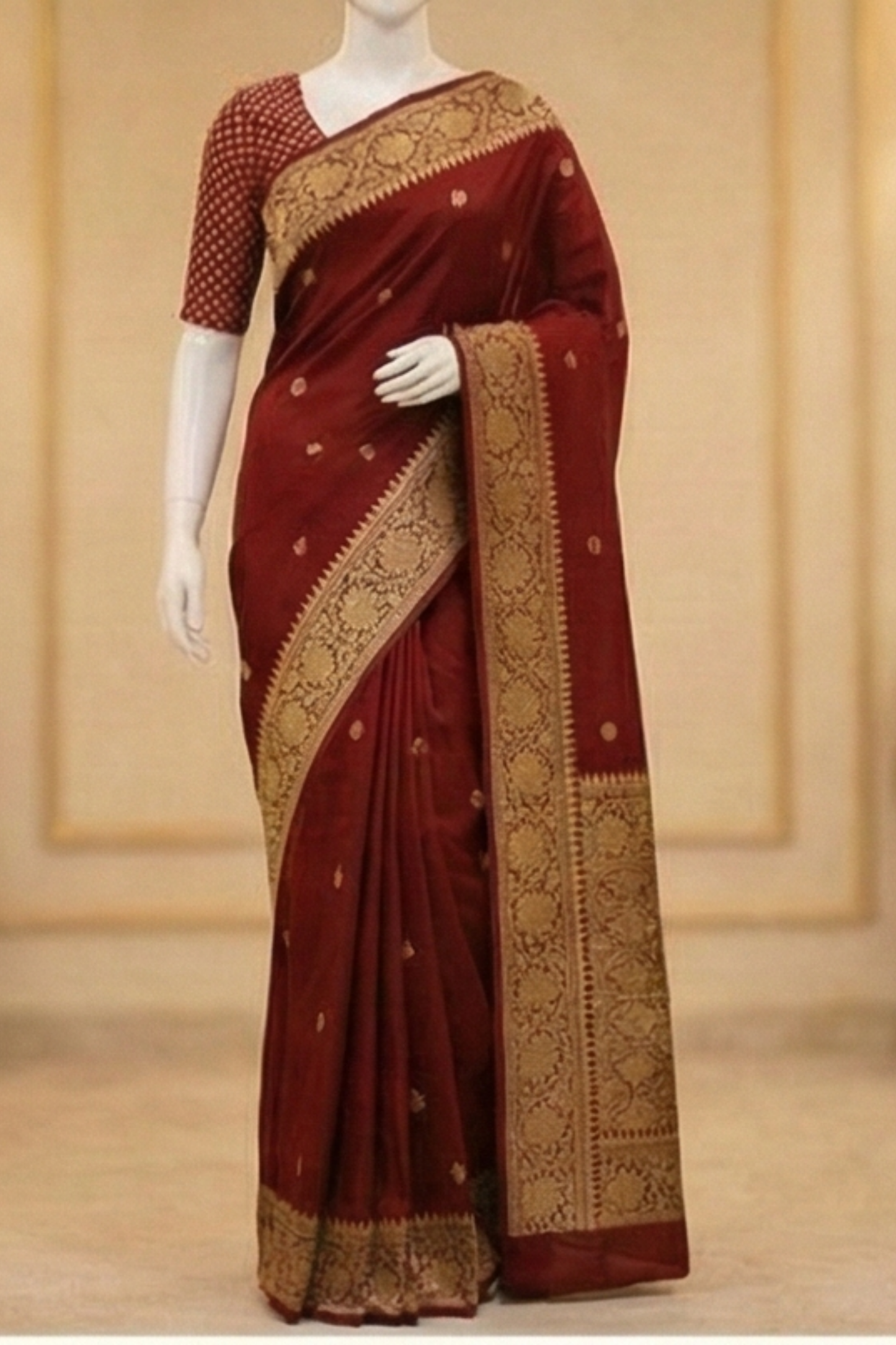 Small Golden Flower Butta with Floral Border - Maroon