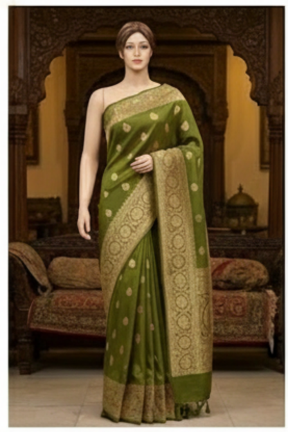 Golden Peacock like Butta and Floral Border  - Olive Green