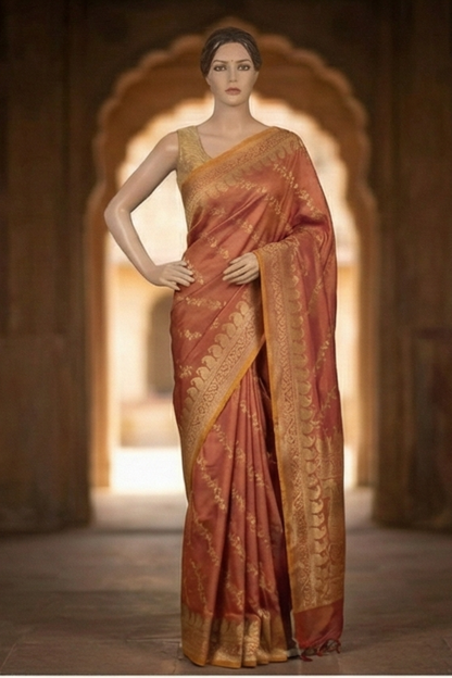 Gold Zari Floral Creeper Motifs with Small Mango Border - Dual toned peach and pink with gold