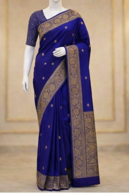 Small Golden Flower Butta with Floral Border - Deep Blue/Electric Blue