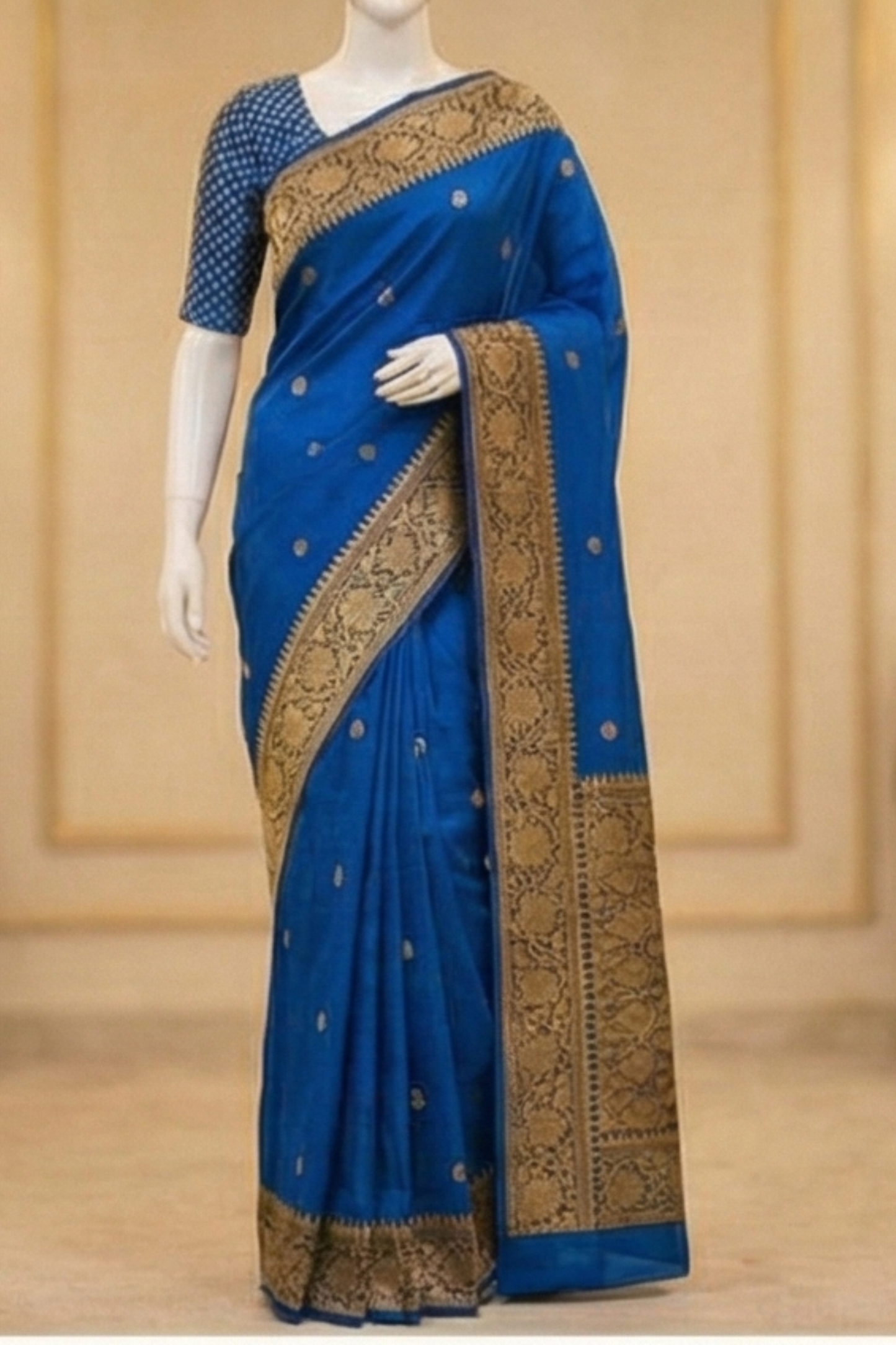 Small Golden Flower Butta with Floral Border - Blue