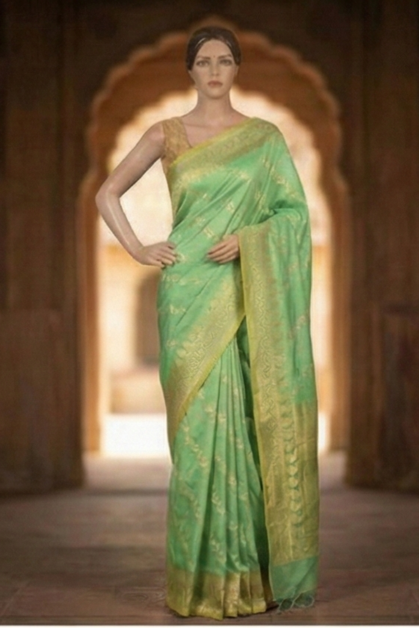 Gold Zari Floral Creeper Motifs with Small Mango Border - Mint Green with Gold tone