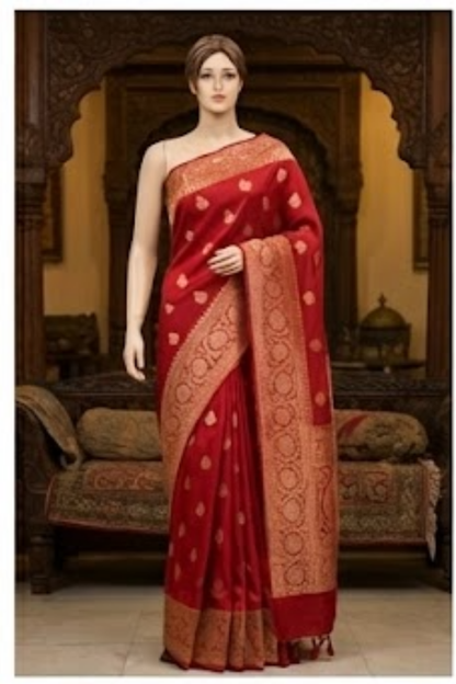 Golden Peacock like Butta and Floral Border - Brick Red