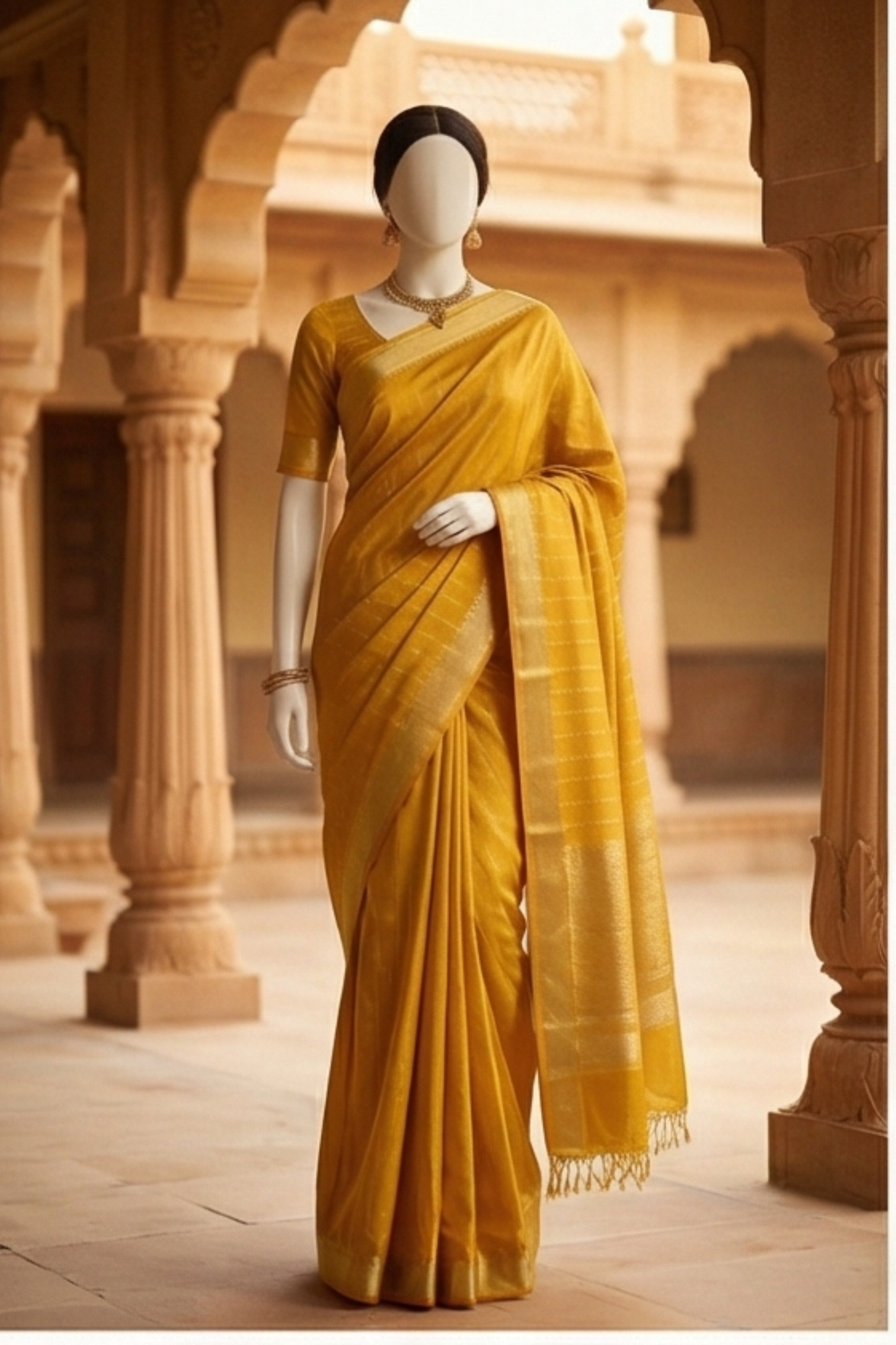 Pure Crepe - Alternate Vertical Patterns - Thicker and Thinner Vertical Zari Strips of tiny, pinpoint Gold and Silver dots