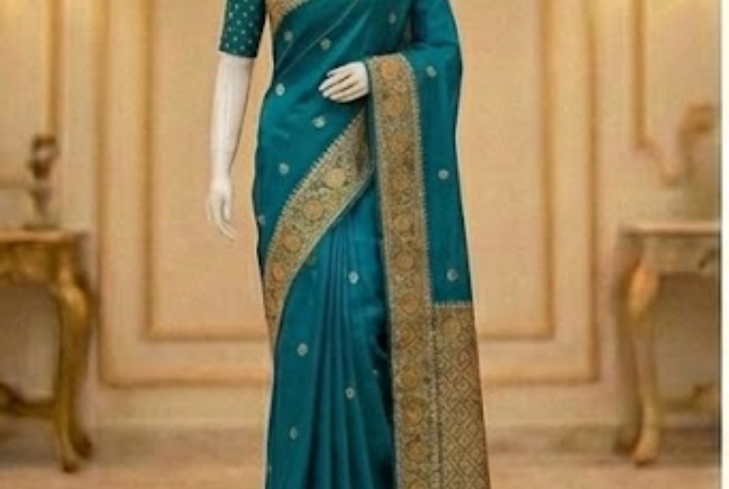 Small Golden Flower Butta with Floral Border - Rama Green