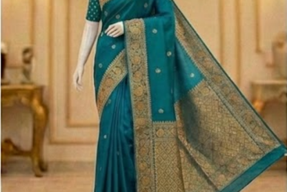 Small Golden Flower Butta with Floral Border - Rama Green