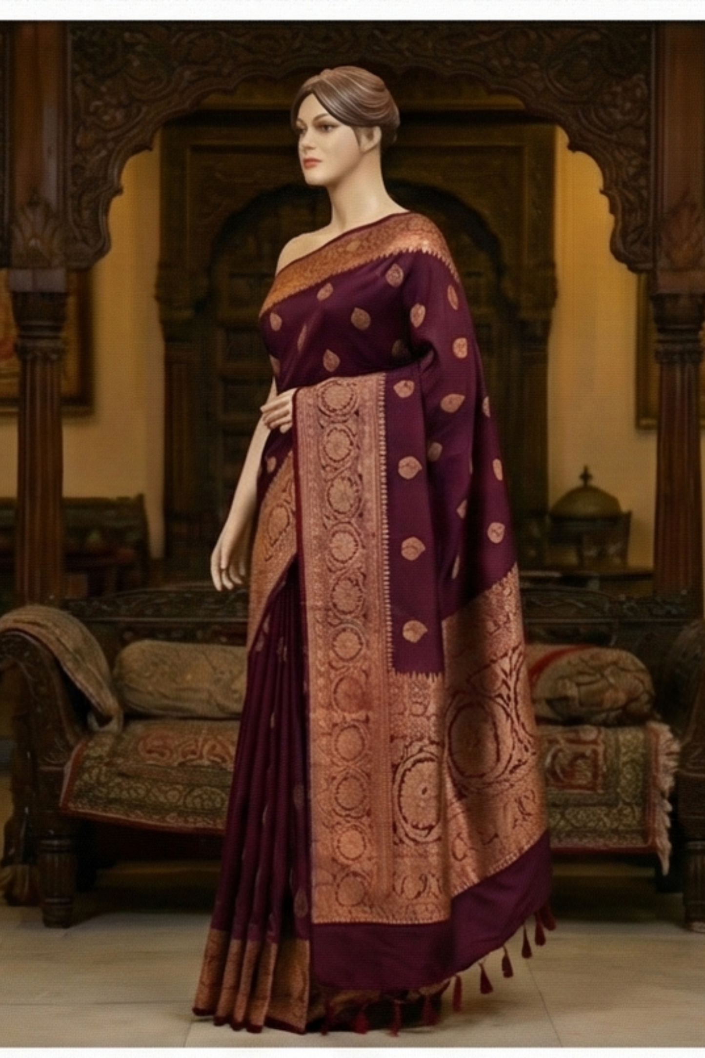 Golden Peacock like Butta and Floral Border  - Maroon Brown