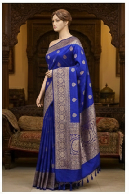 Golden Peacock like Butta and Floral Border  - Electric Blue