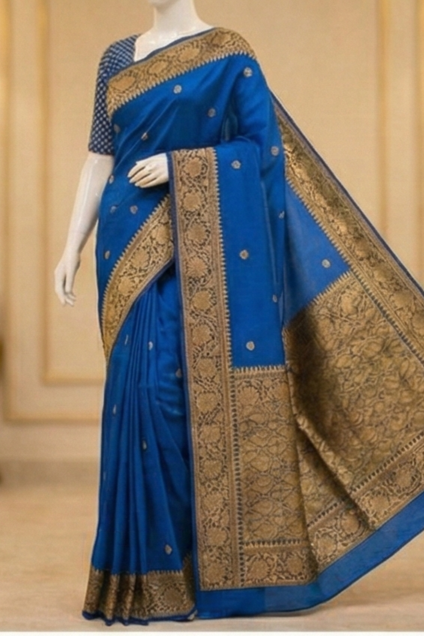 Small Golden Flower Butta with Floral Border - Blue