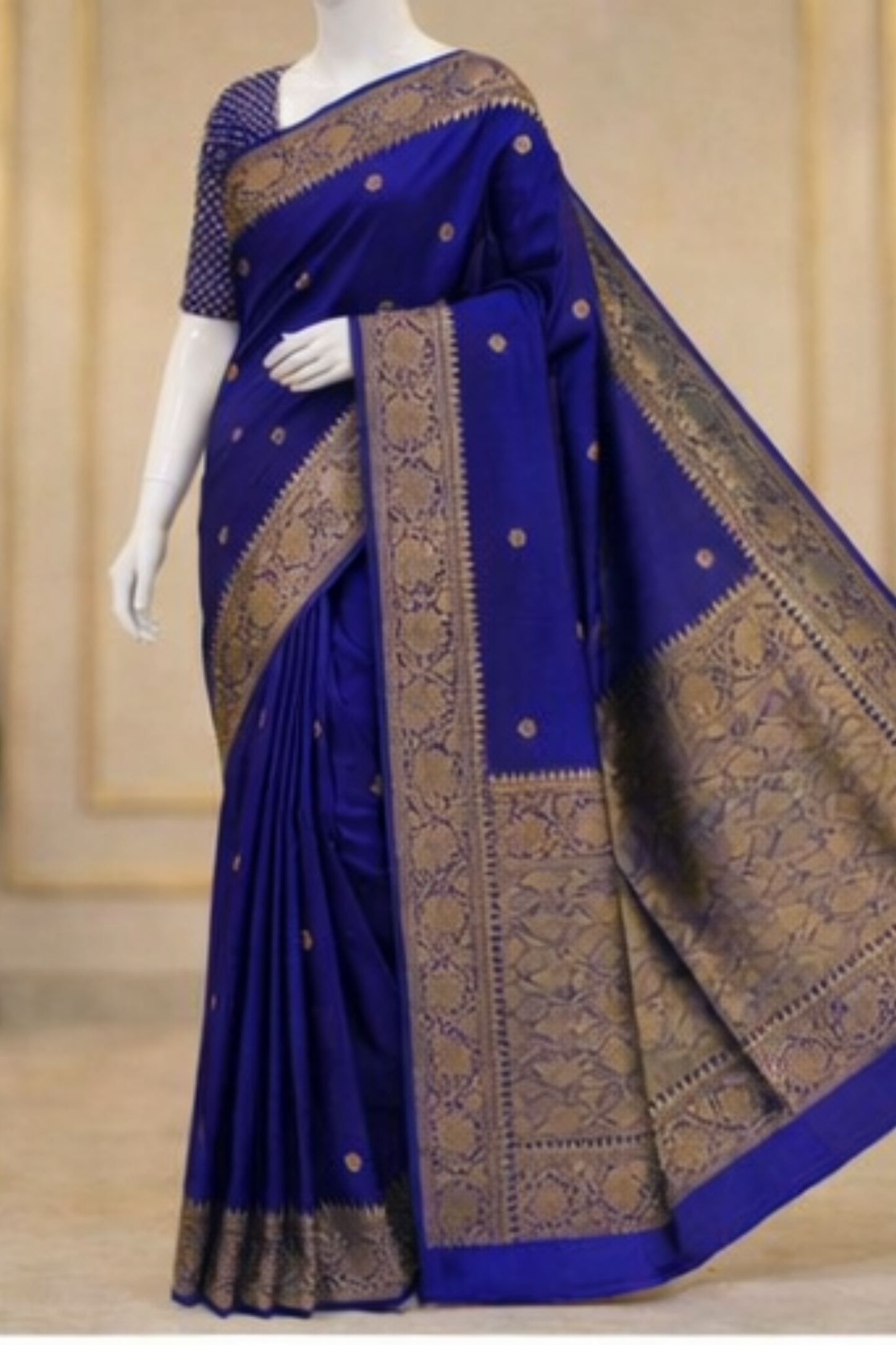 Small Golden Flower Butta with Floral Border - Deep Blue/Electric Blue