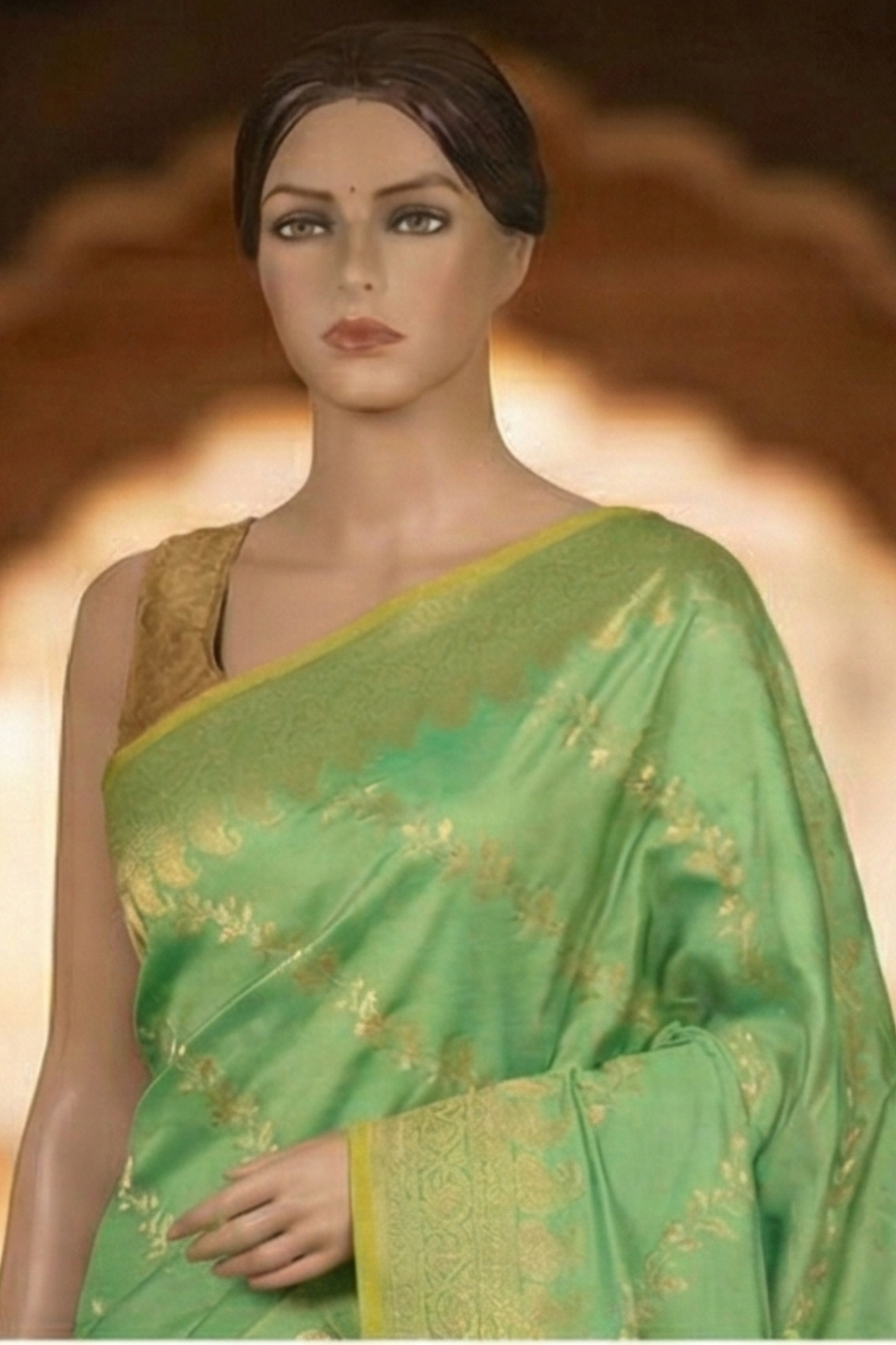 Gold Zari Floral Creeper Motifs with Small Mango Border - Mint Green with Gold tone