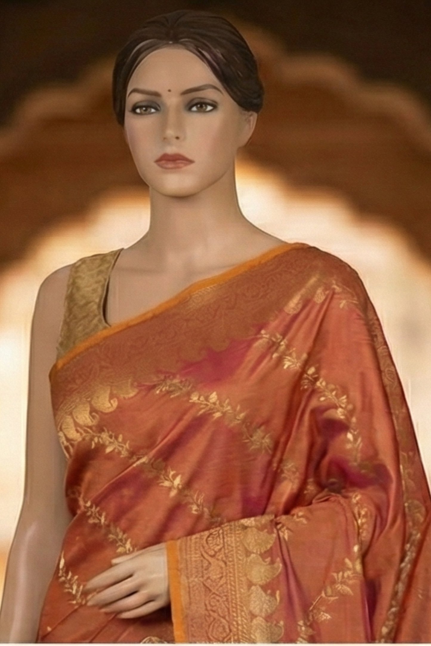 Gold Zari Floral Creeper Motifs with Small Mango Border - Dual toned peach and pink with gold