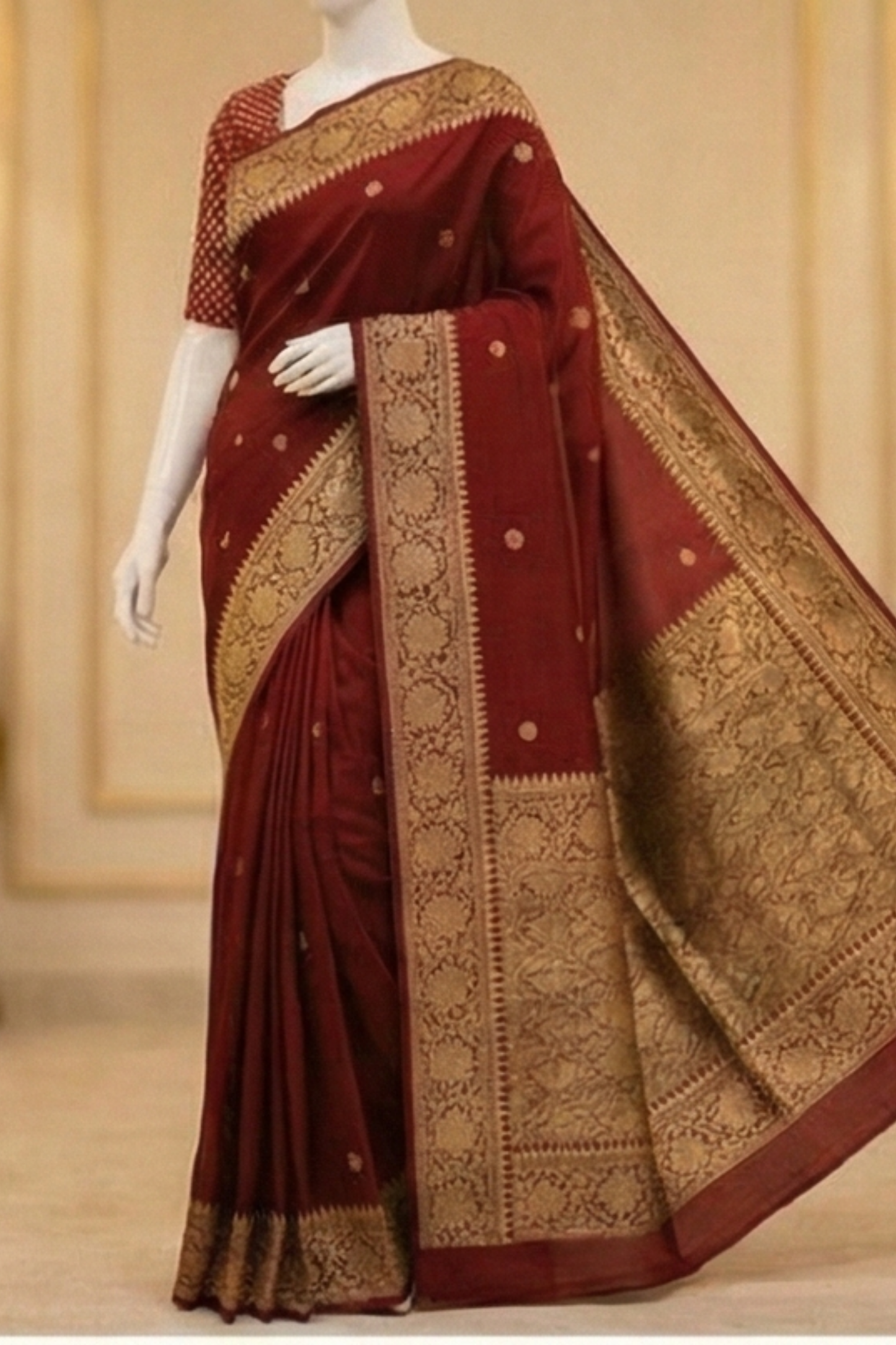 Small Golden Flower Butta with Floral Border - Maroon