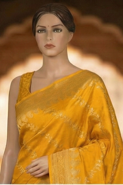 Gold Zari Floral Creeper Motifs with Small Mango Border - Yellow