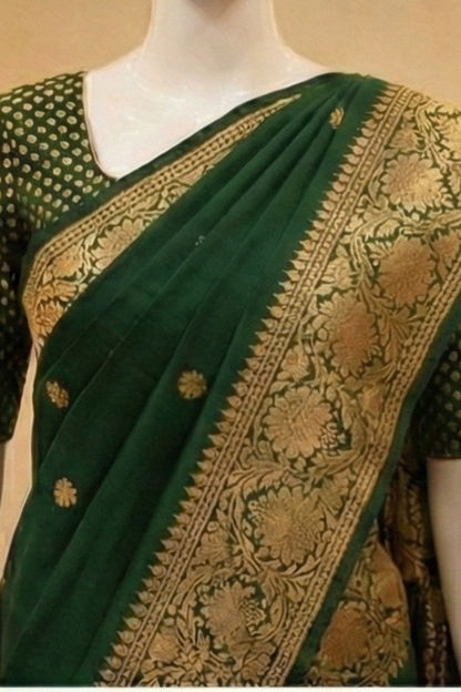 Small Golden Flower Butta with Floral Border - Bottle Green