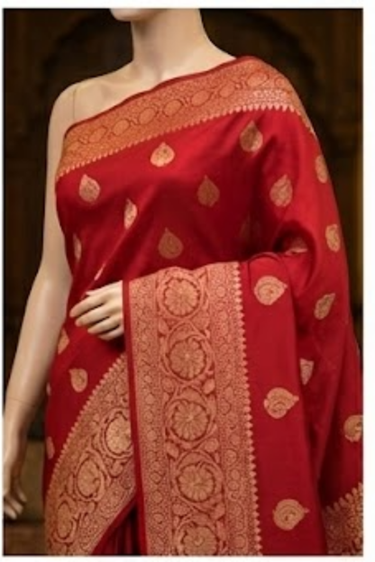 Golden Peacock like Butta and Floral Border - Brick Red