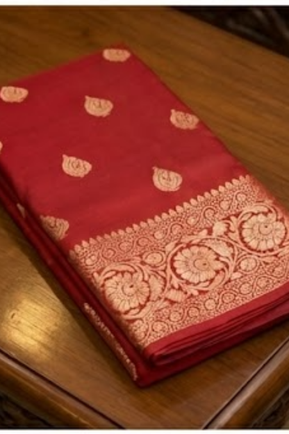 Golden Peacock like Butta and Floral Border - Brick Red