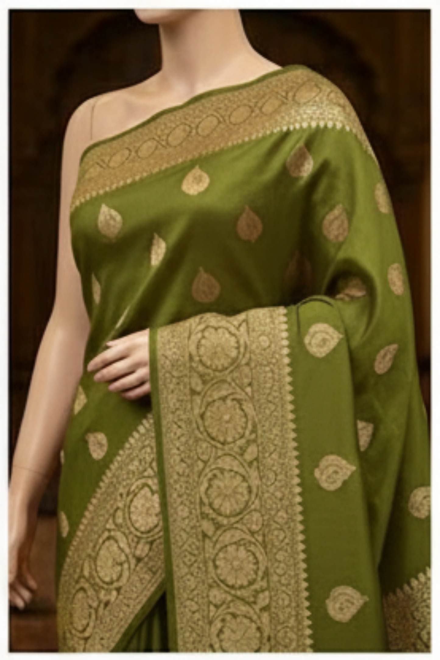 Golden Peacock like Butta and Floral Border  - Olive Green