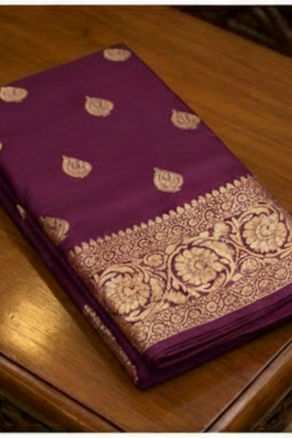 Golden Peacock like Butta and Floral Border  - Plum/Deep Wine