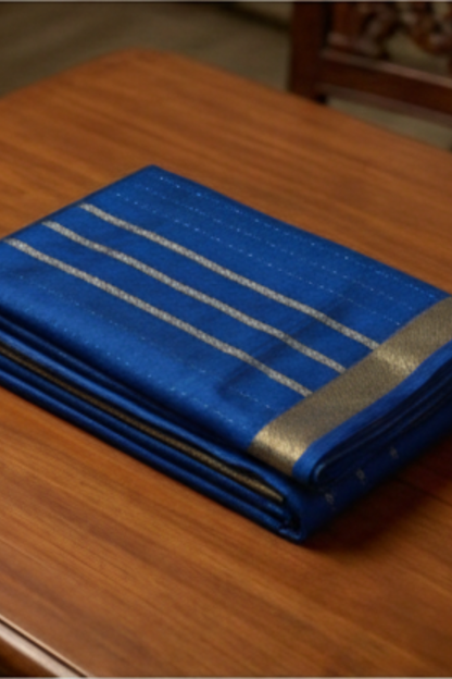 Pure Crepe - Alternate Vertical Patterns - Thicker and Thinner Vertical Zari Strips of tiny, pinpoint Gold and Silver dots - Royal blue