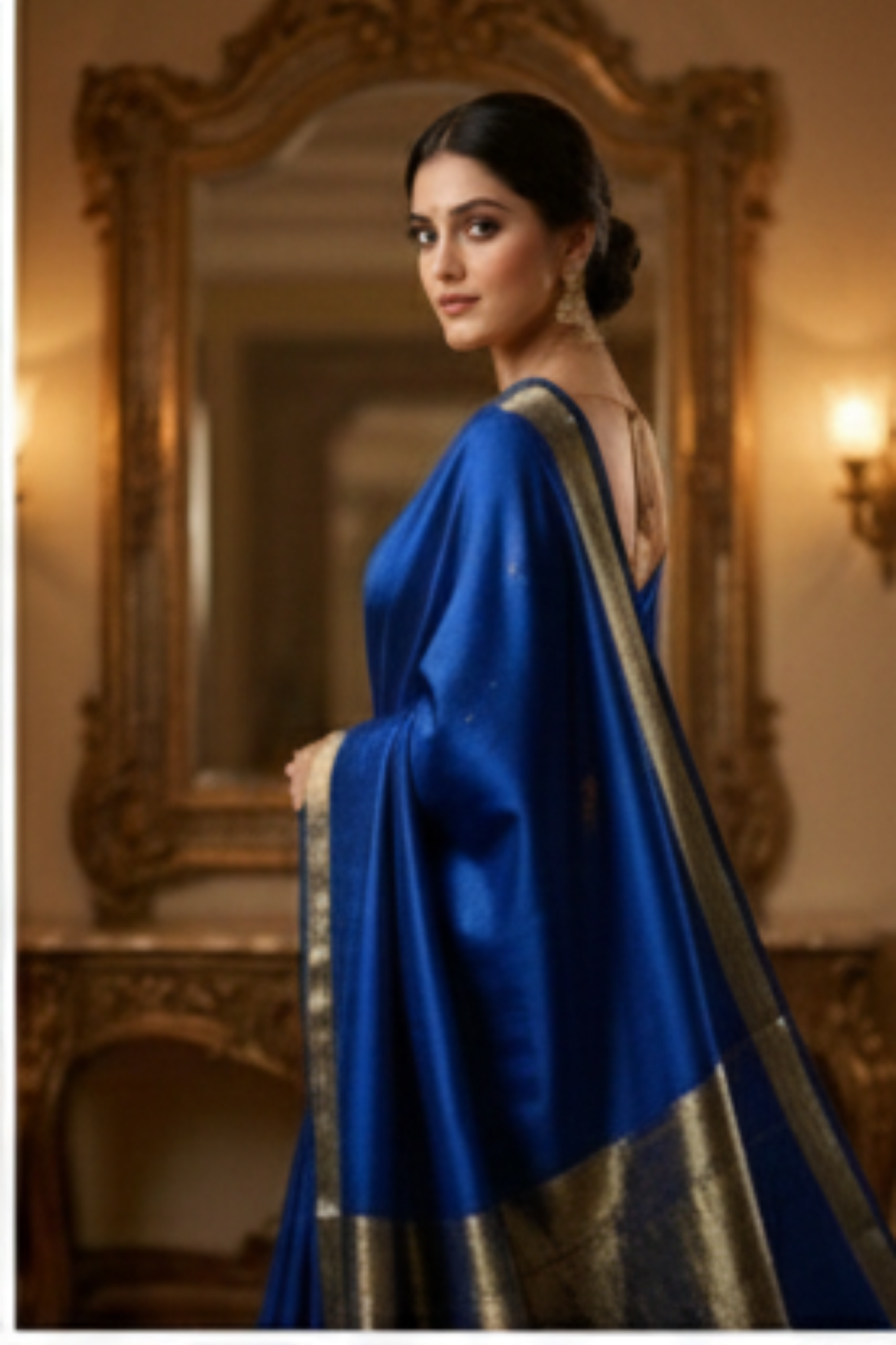 Pure Crepe - Alternate Vertical Patterns - Thicker and Thinner Vertical Zari Strips of tiny, pinpoint Gold and Silver dots - Royal blue