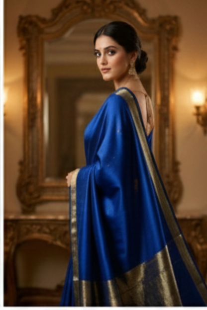 Pure Crepe - Alternate Vertical Patterns - Thicker and Thinner Vertical Zari Strips of tiny, pinpoint Gold and Silver dots - Royal blue