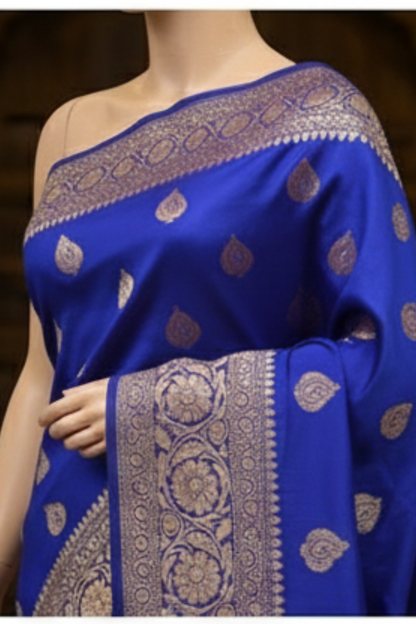 Golden Peacock like Butta and Floral Border  - Electric Blue