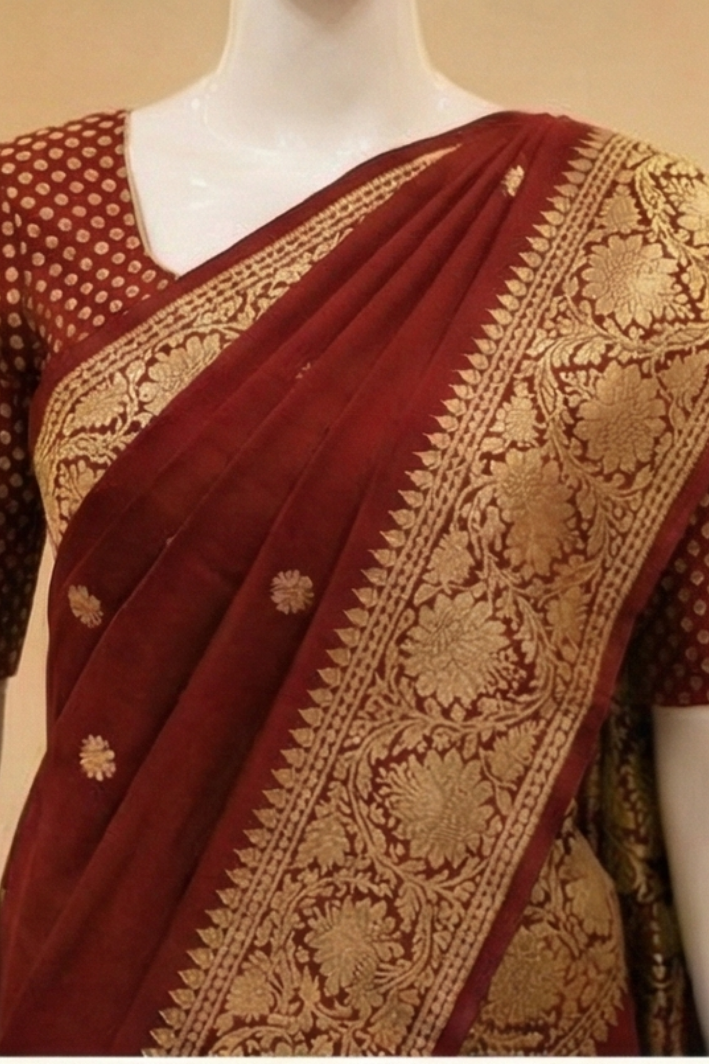 Small Golden Flower Butta with Floral Border - Maroon