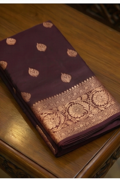 Golden Peacock like Butta and Floral Border  - Maroon Brown