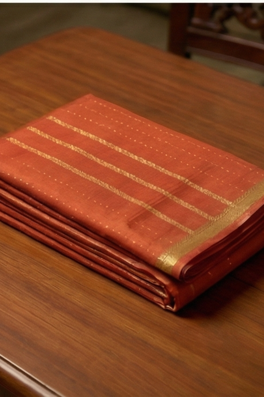 Pure Crepe - Alternate Vertical Patterns - Thicker and Thinner Vertical Zari Strips of tiny, pinpoint Gold and Silver dots