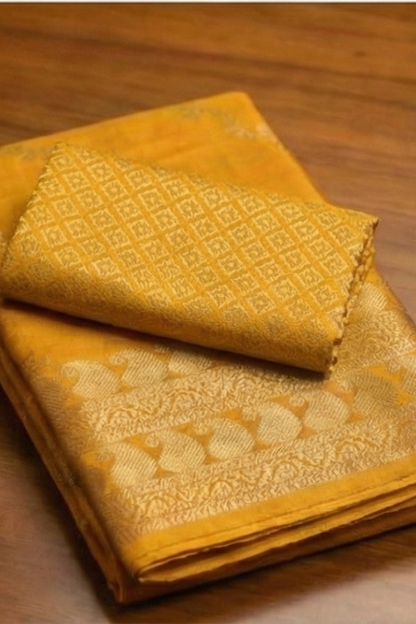 Gold Zari Floral Creeper Motifs with Small Mango Border - Yellow