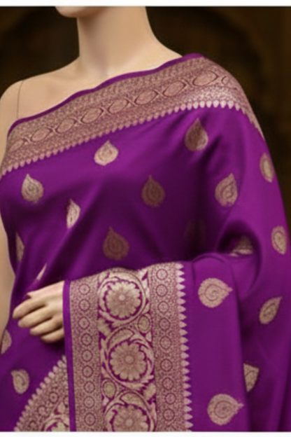 Golden Peacock like Butta and Floral Border - Purple