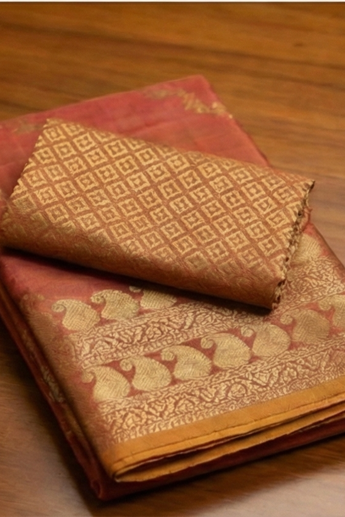 Gold Zari Floral Creeper Motifs with Small Mango Border - Dual toned peach and pink with gold