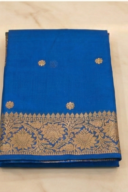 Small Golden Flower Butta with Floral Border - Blue